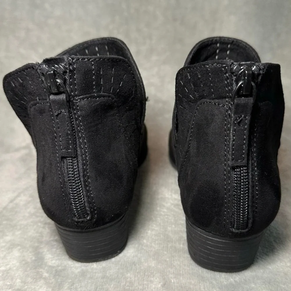 Self Esteem Ankle Bootie Women 6M Black Laser Cut Perforated Back Zip Block Heel